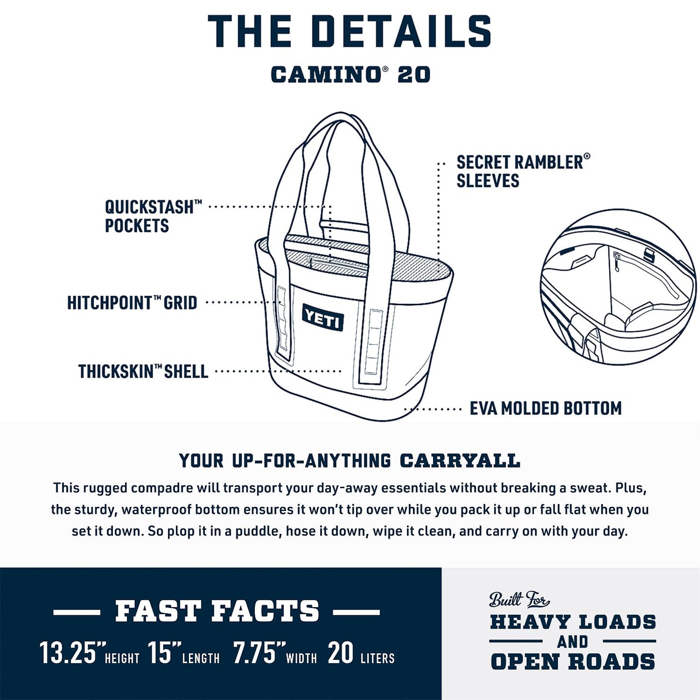 YETI Camino 20 Carryall with Internal Dividers, All-Purpose Utility Bag, Navy
