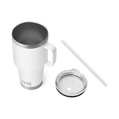 YETI Rambler 35 oz Tumbler with Handle and Straw Lid, Travel Mug Water Tumbler, Vacuum Insulated Cup with Handle, Stainless Steel, White